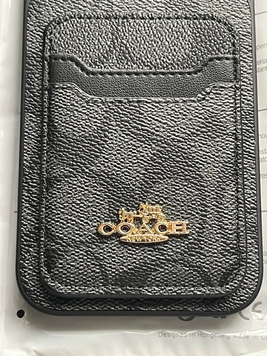 Coach Black Signature Leather Card Pocket Phone Case with Gold Logo - Picture 2 of 4